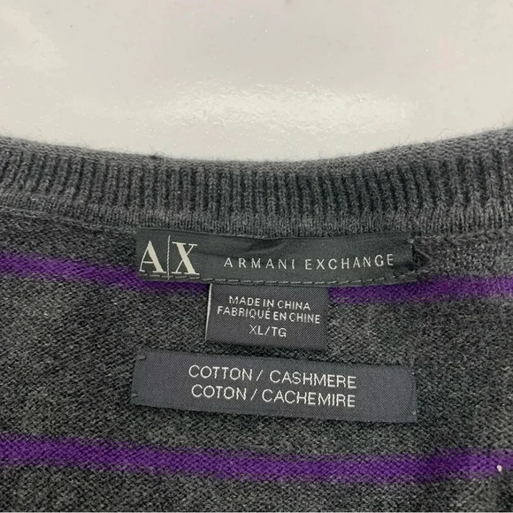 Armani Exchange Sweater  Men XL Cotton Cashmere  V Neck Gray Purple Stripe Light - Picture 9 of 12